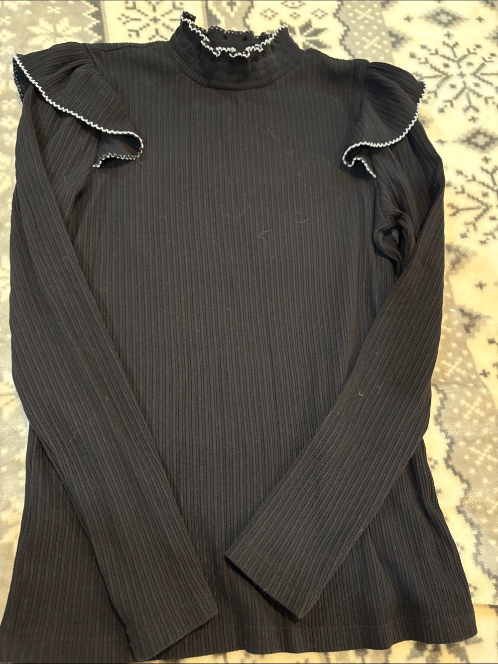 LOFT Black Ribbed Long Sleeve Mock Neck Top with White Trim
